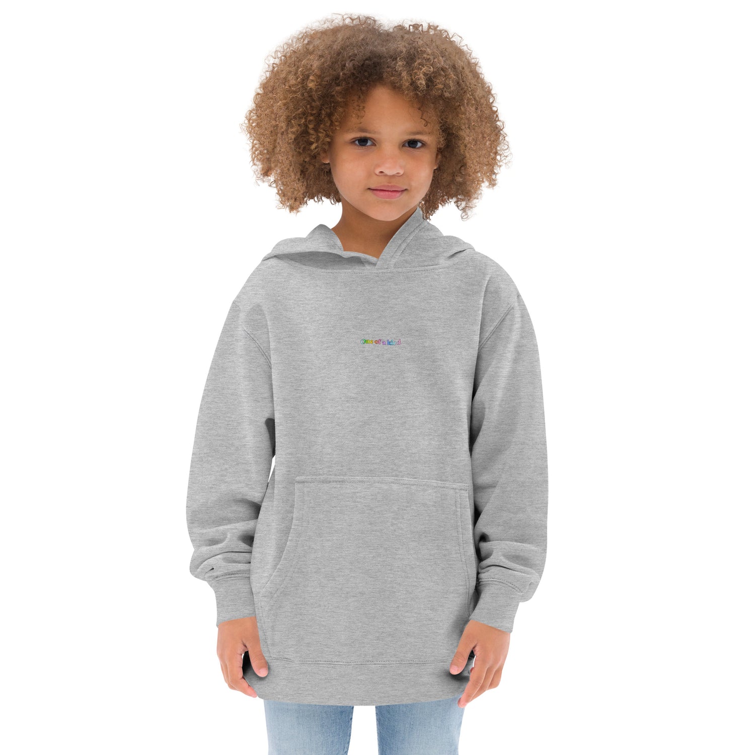 Front of Grey Kidswear hoodie featuring " One of a kind" design.