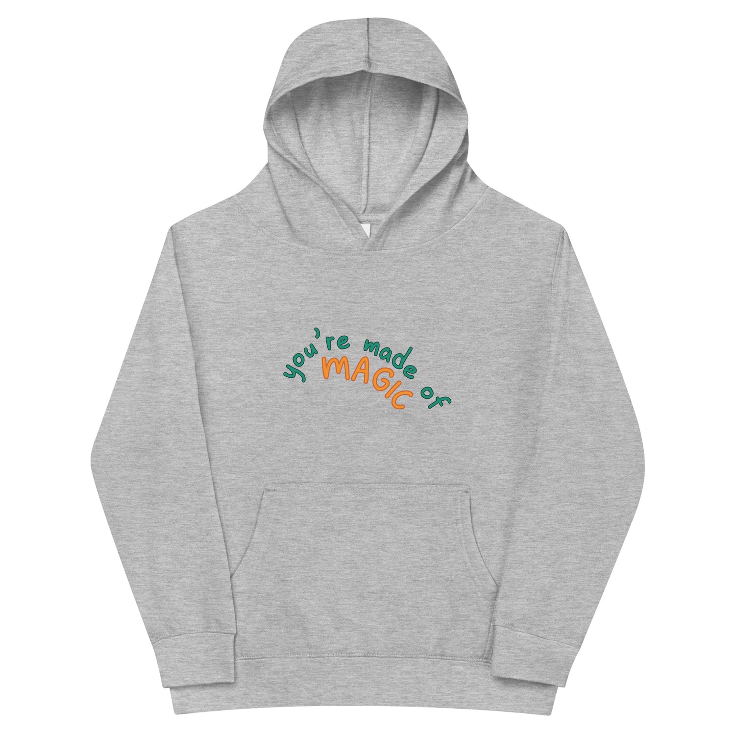 Grey Kidswear hoodie featuring a " you're made of Magic" design with pockets at front.