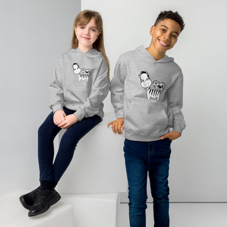 Grey Kidswear hoodie featuring a zebra print design.