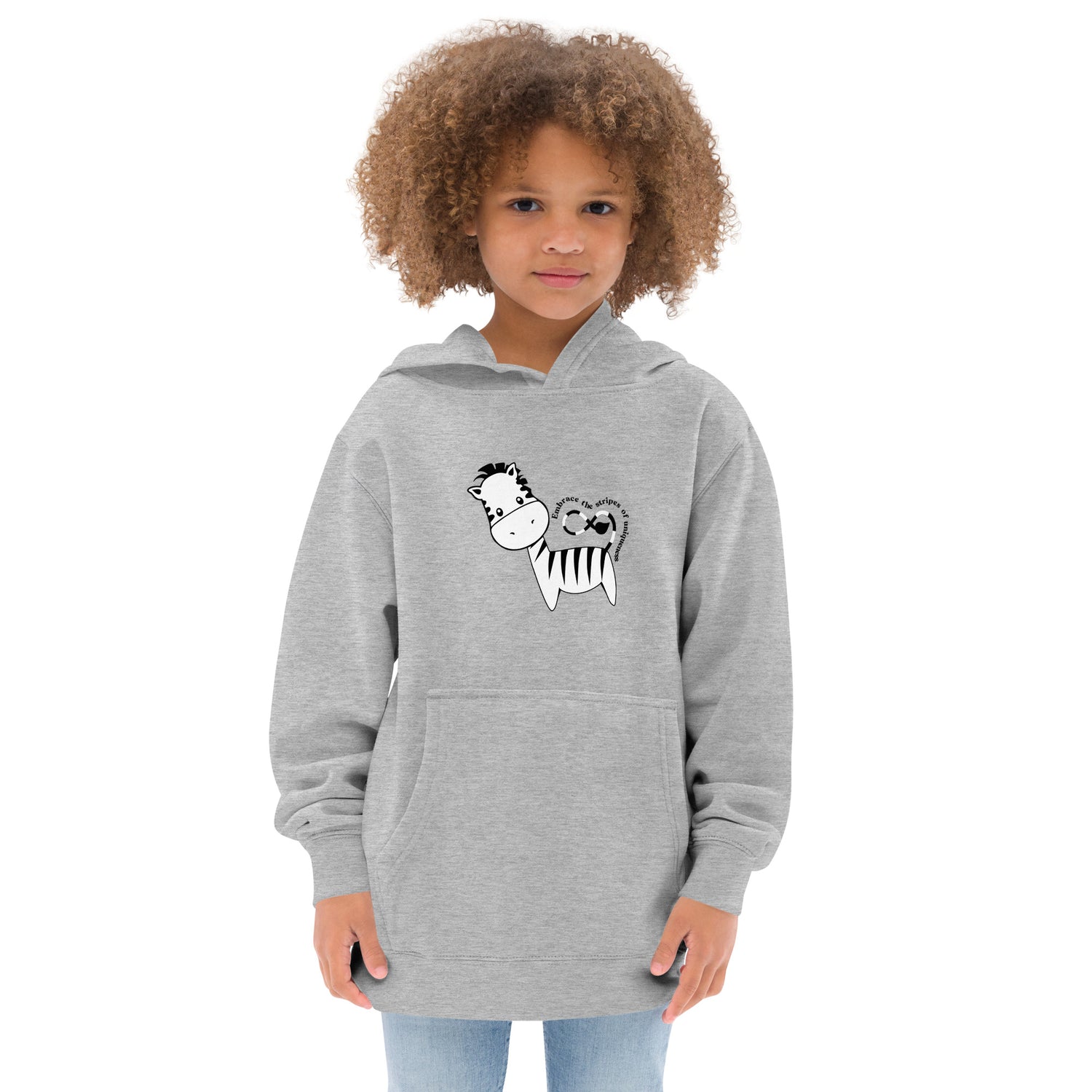 Grey Kidswear hoodie featuring a zebra print design with pockets at front.
