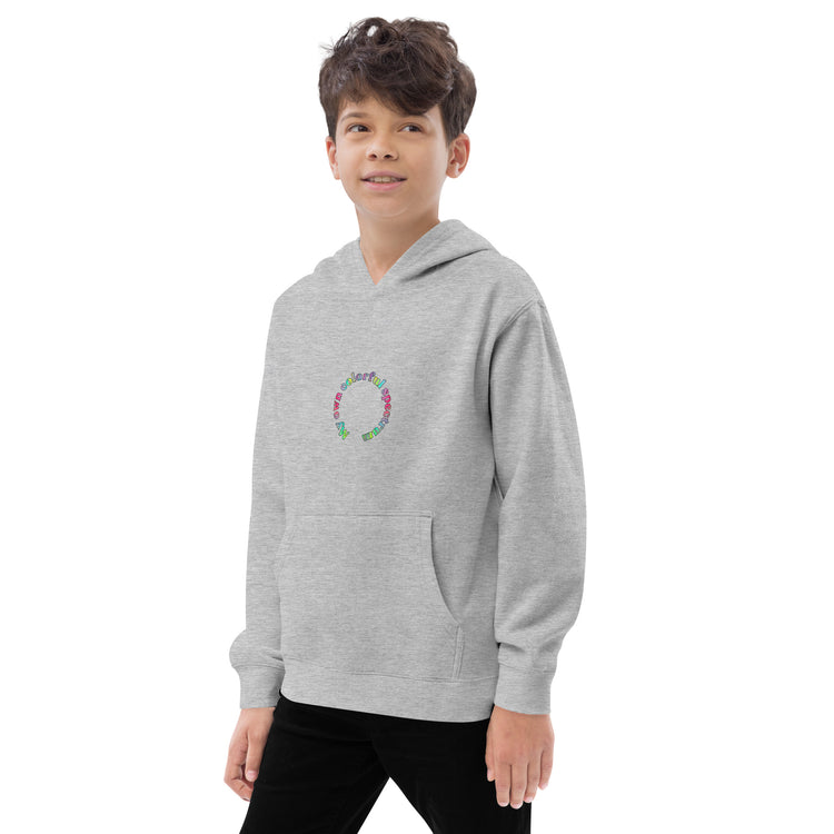 left-front of grey kidswear hoodie with pockets, featuring " My own colorful spectrum" design.