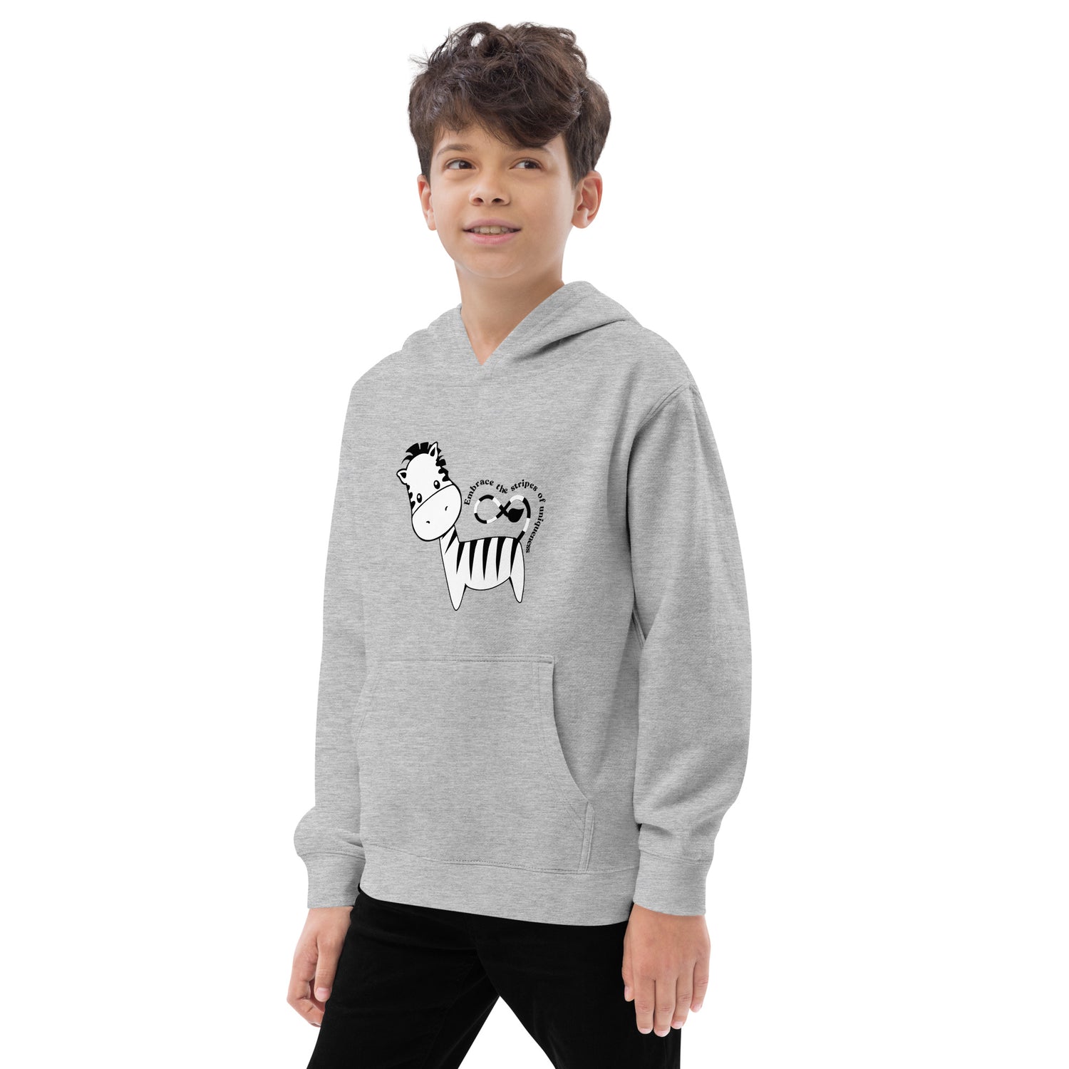 left-front of grey kidswear hoodie with pockets, featuring "zebra print design " design.