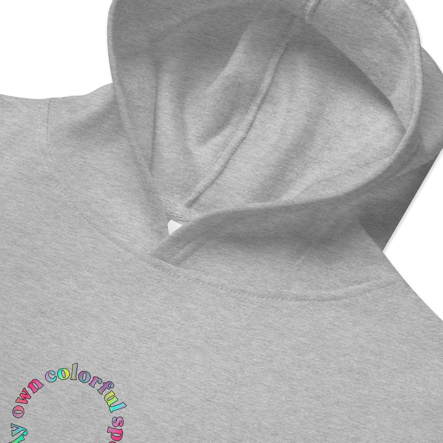 Closeup of Grey Kidswear Hoodie featuring "My own colorful spectrum" printed.