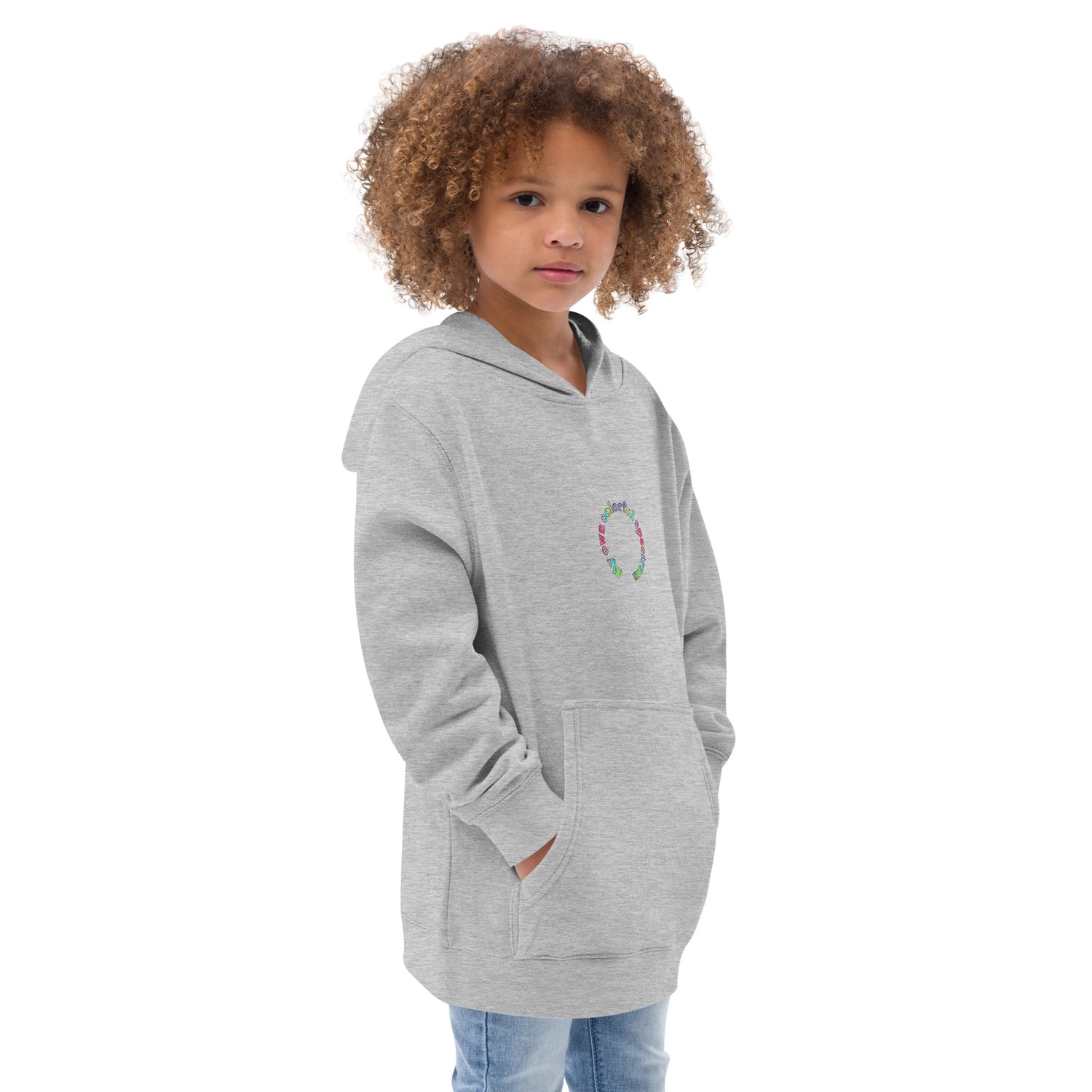 Right-front of grey kidswear hoodie with pockets, featuring " My own colorful spectrum" design.