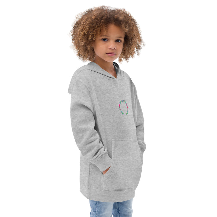 Right-front of grey kidswear hoodie with pockets, featuring " My own colorful spectrum" design.