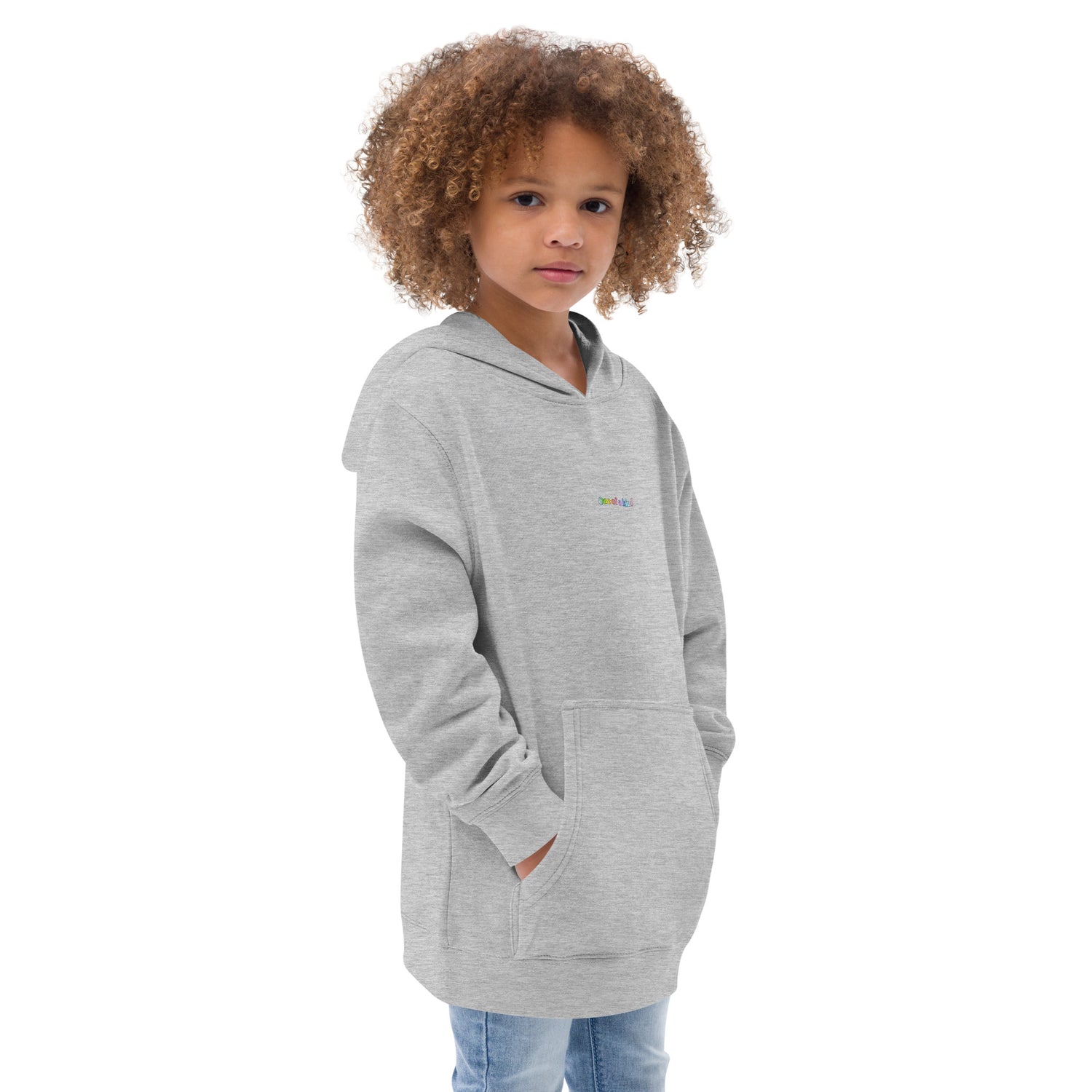 Right-front of grey kidswear hoodie with pockets, featuring " One of a kind" design