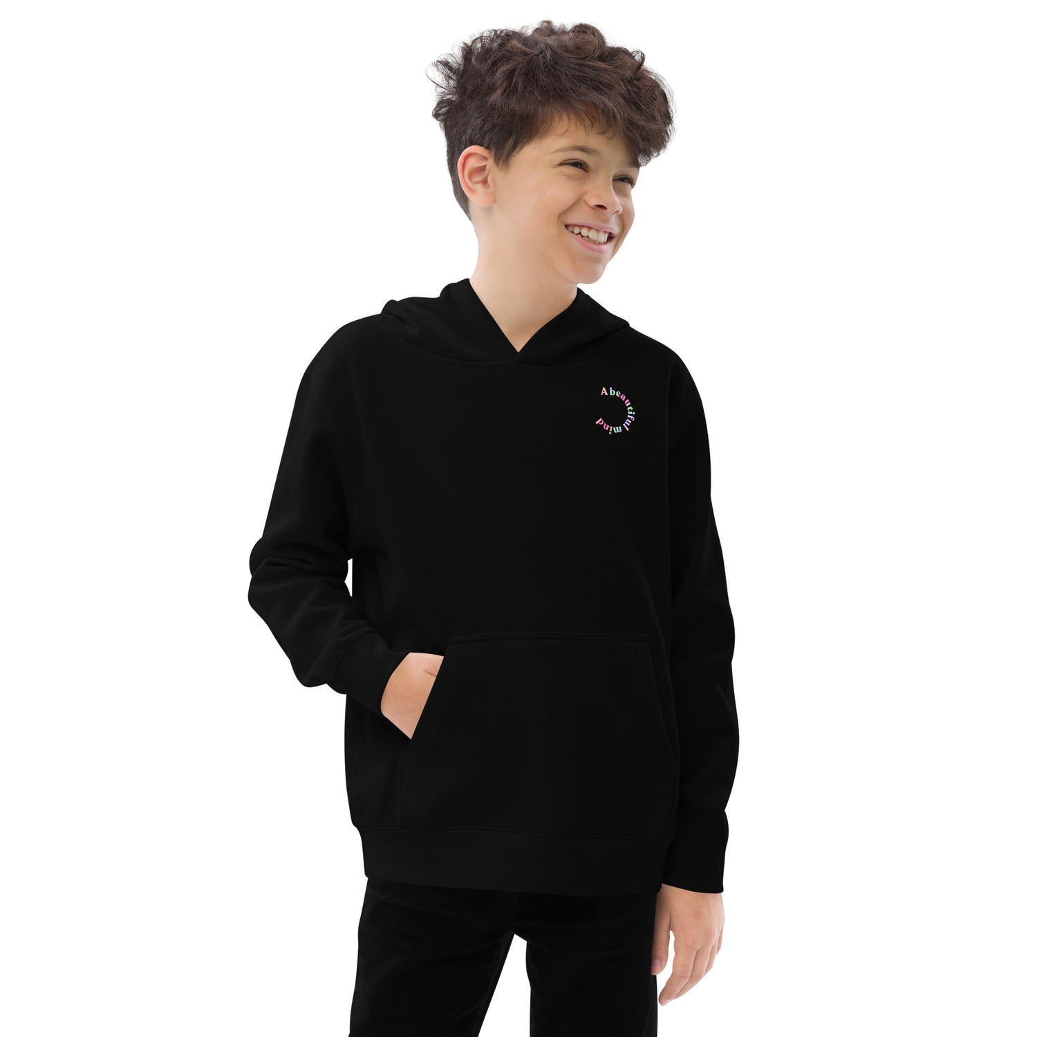 Black Kidswear hoodie with "beautiful mind" printed design, featuring pockets at front.