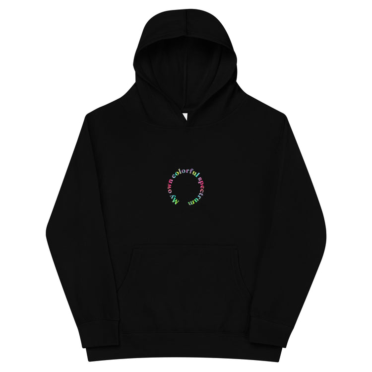 Black Kidswear hoodie featuring a " My own colorful spectrum" design with pockets at front.