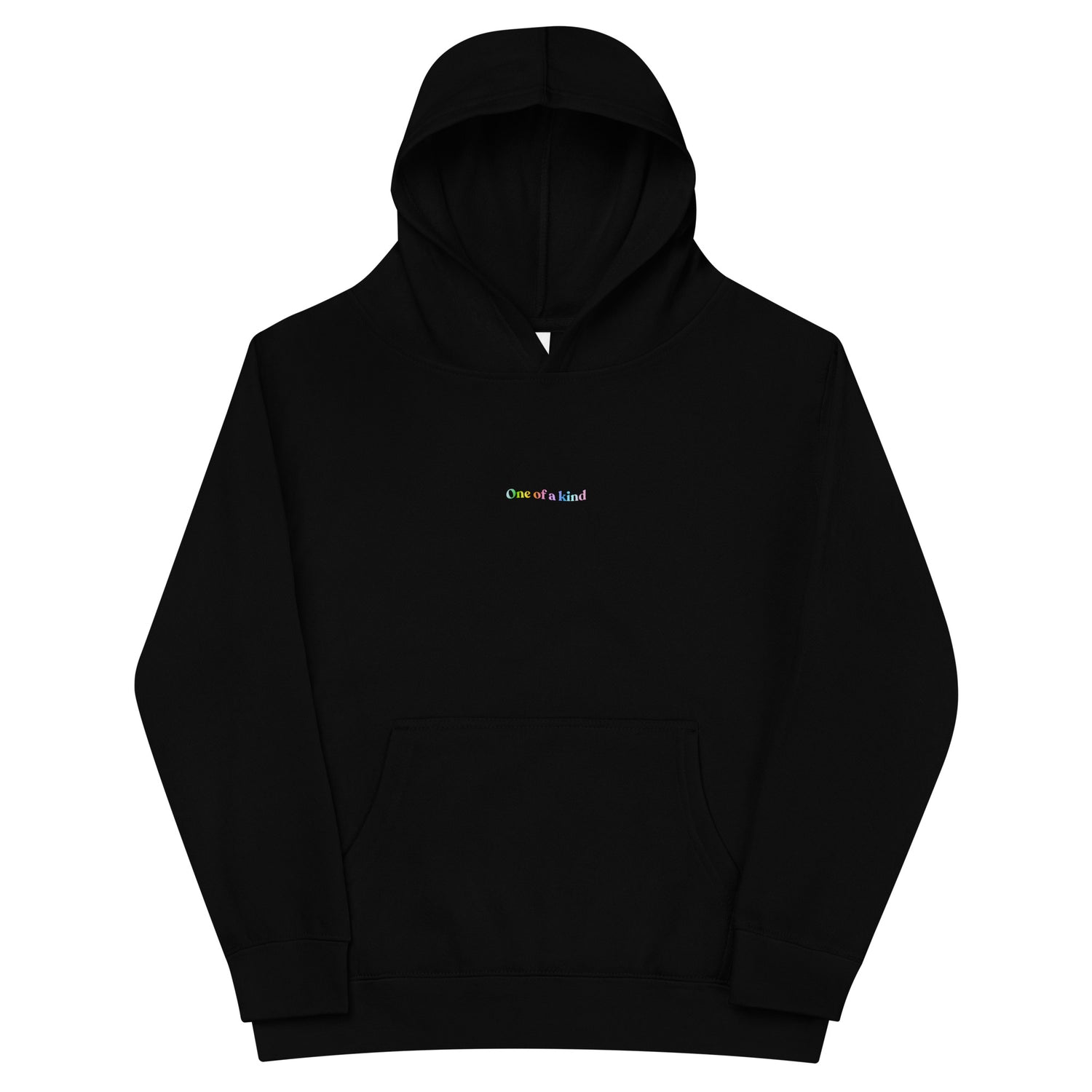Black Kidswear hoodie featuring "One of a kind" design with pockets at front.