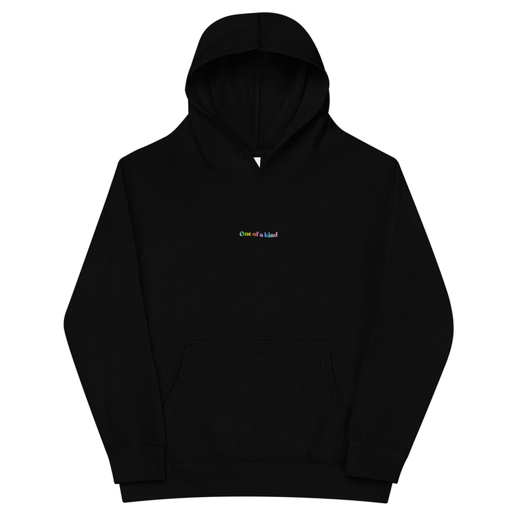Black Kidswear hoodie featuring "One of a kind" design with pockets at front.