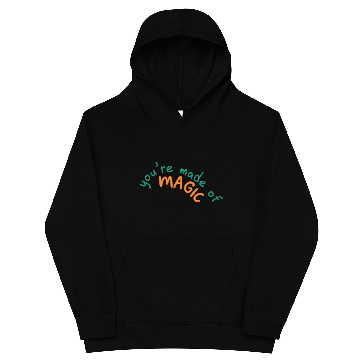 Black Kidswear hoodie featuring a " you're made of Magic" design with pockets at front.