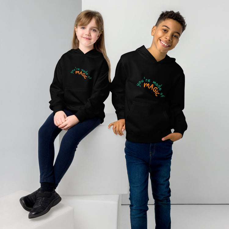 Black Kidswear hoodie featuring a " you're made of Magic" design with pockets at front.