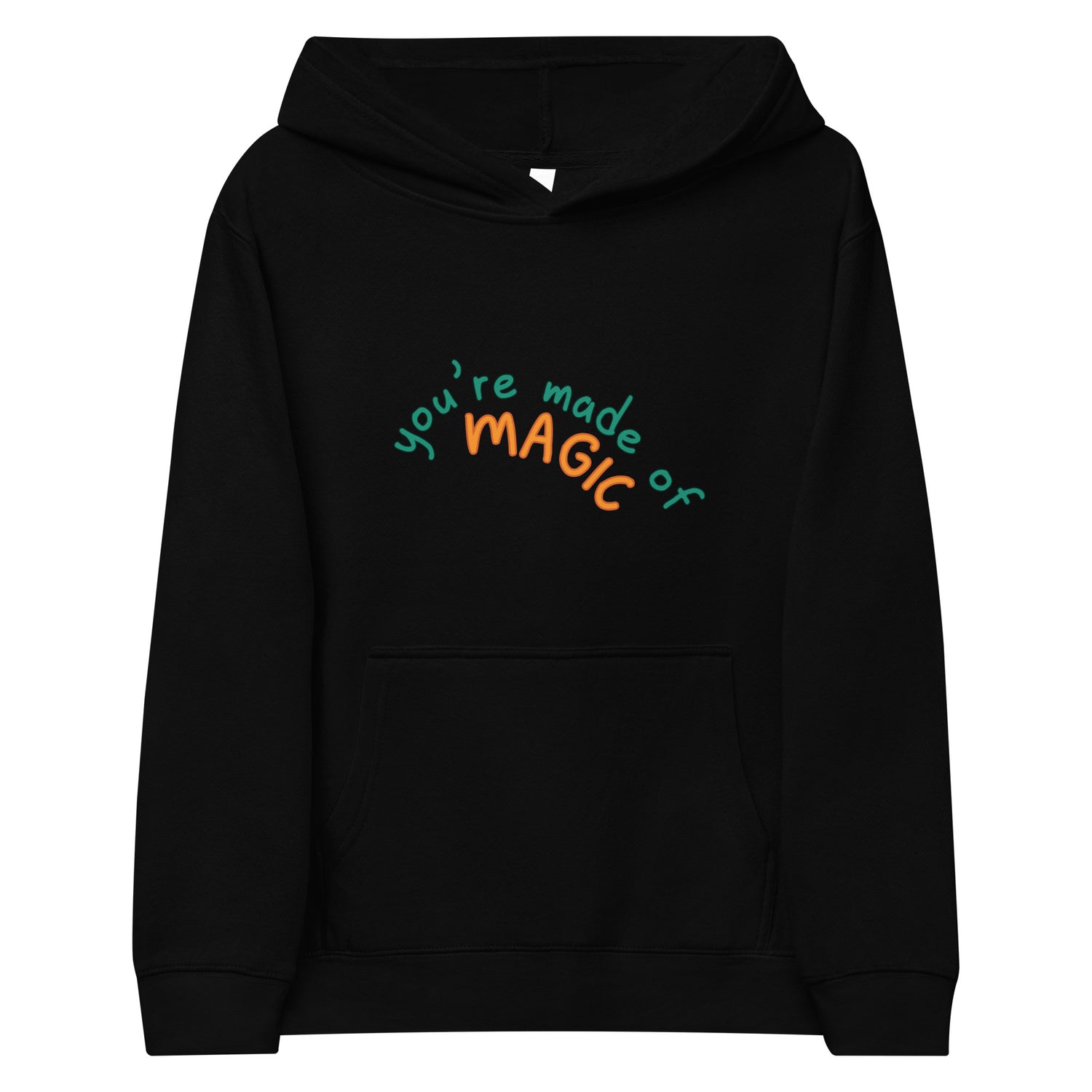 Black Kidswear hoodie featuring a " you're made of Magic" design with pockets at front.