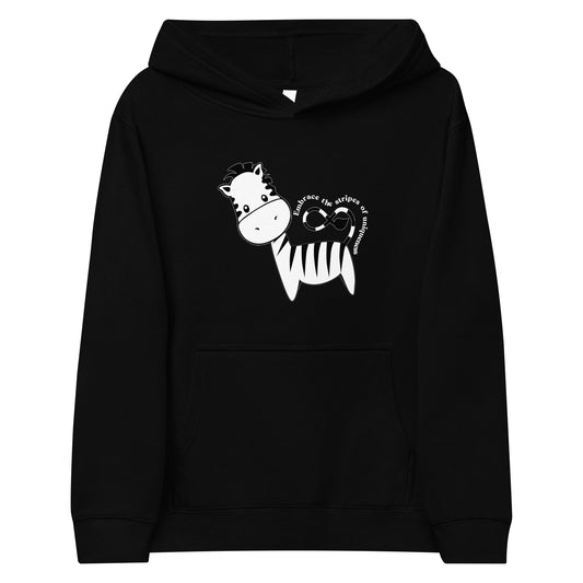 Black Kidswear hoodie featuring a zebra print design with pockets at front.