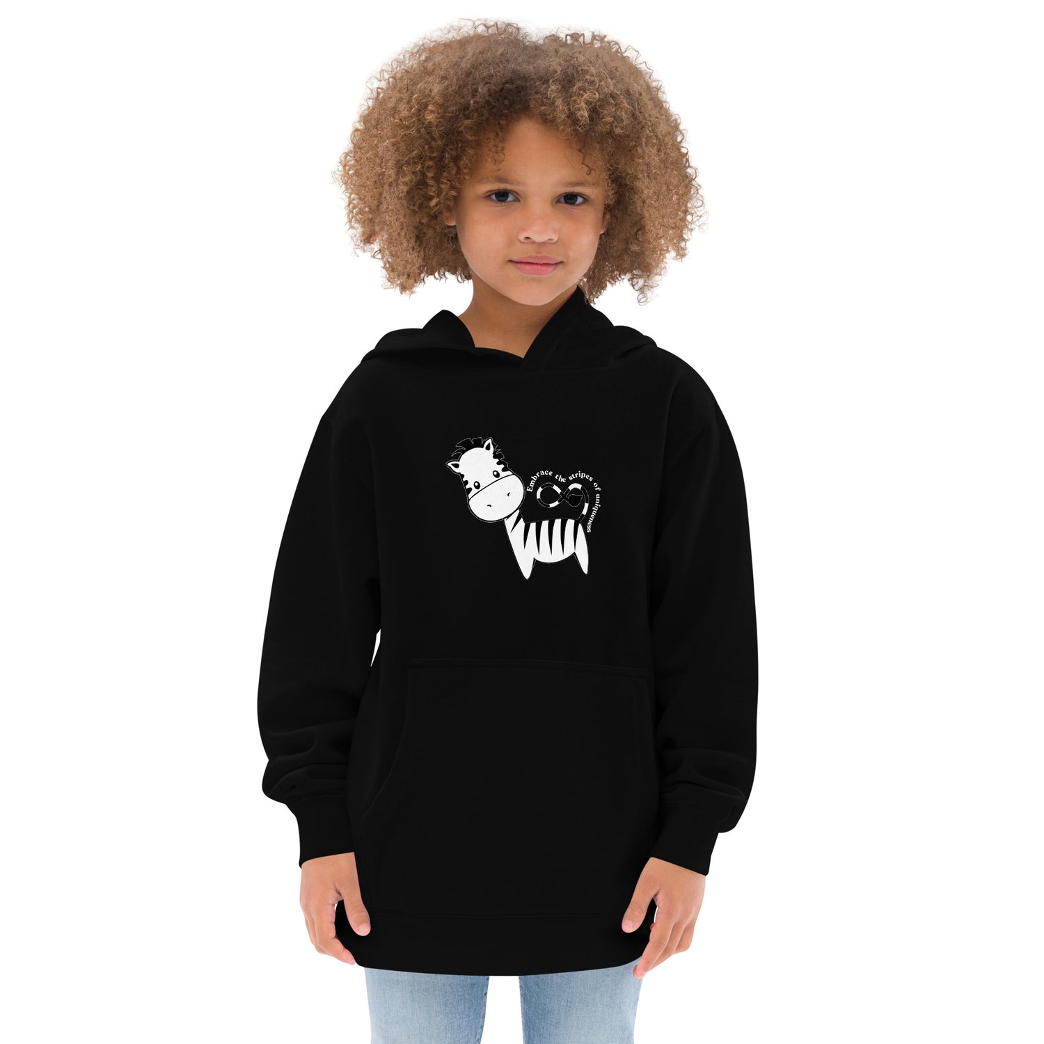 Black Kidswear hoodie featuring a zebra print design with pockets at front.