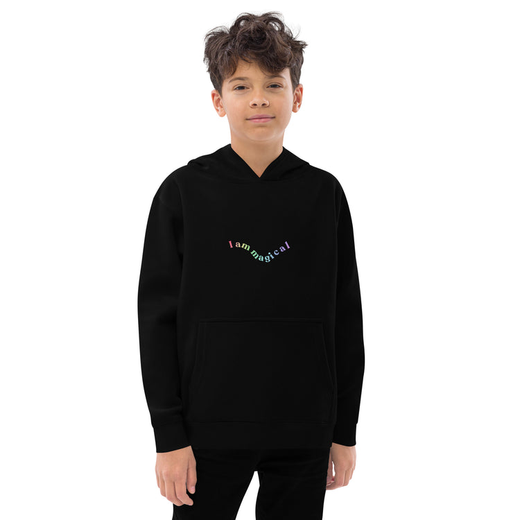 Black Kidswear hoodie featuring "I am magical " design printed on front.