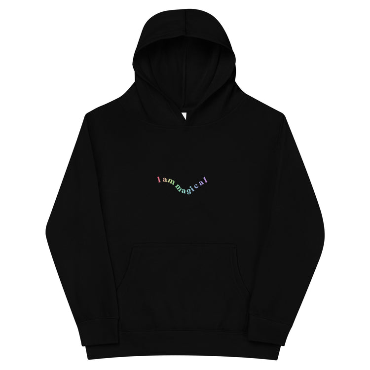 Black Kidswear hoodie featuring "I am magical" design with pockets at front.