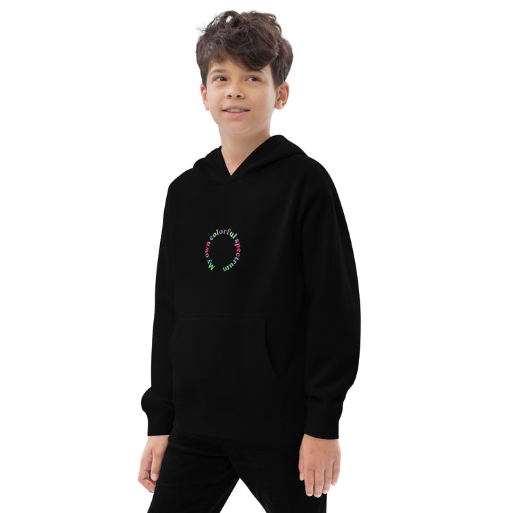 left-front of black kidswear hoodie with pockets, featuring " My own colorful spectrum" design.