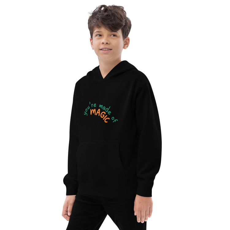 left-front of black kidswear hoodie with pockets, featuring " My own colorful spectrum" design.