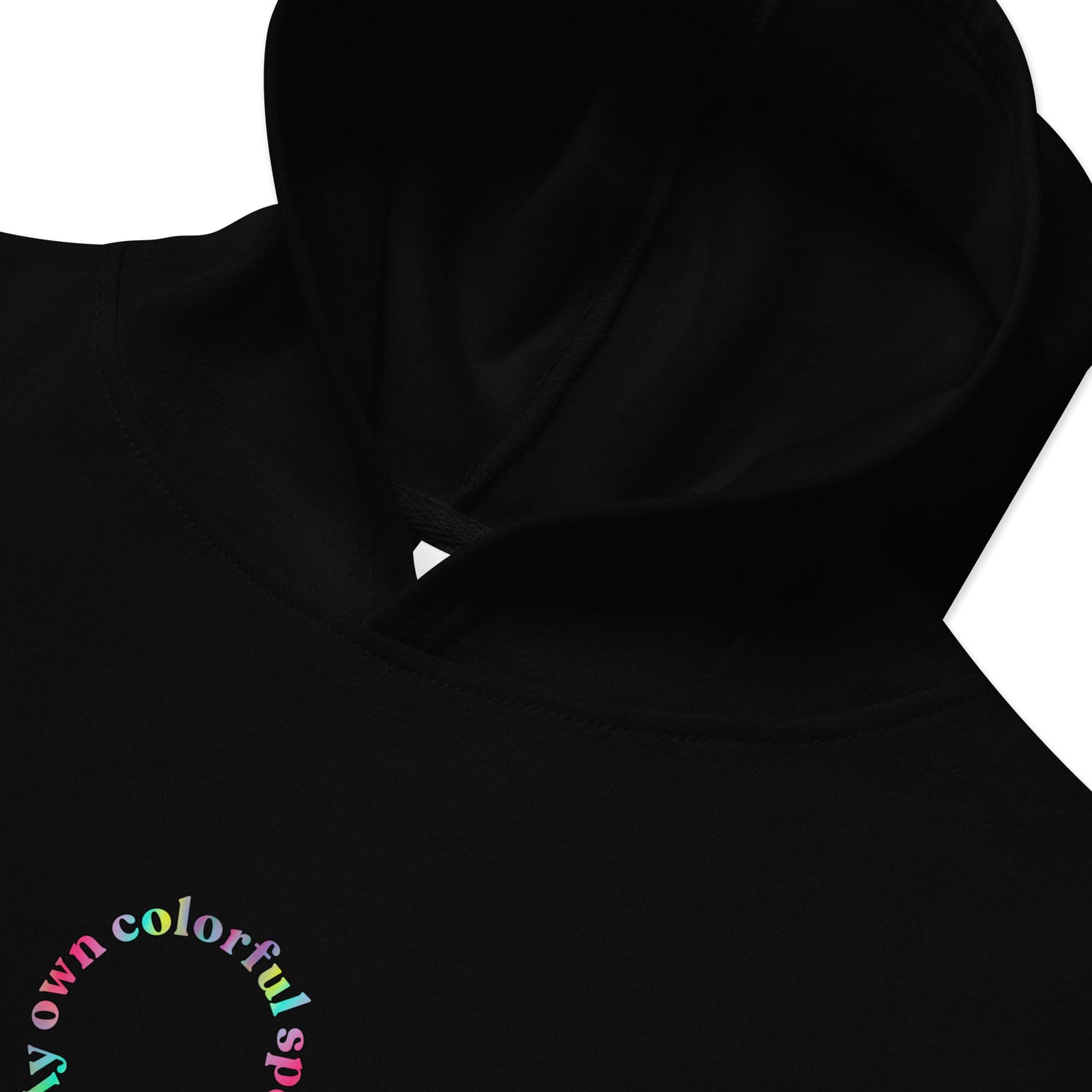 Closeup of Black Kidswear Hoodie featuring "My own colorful spectrum" printed.