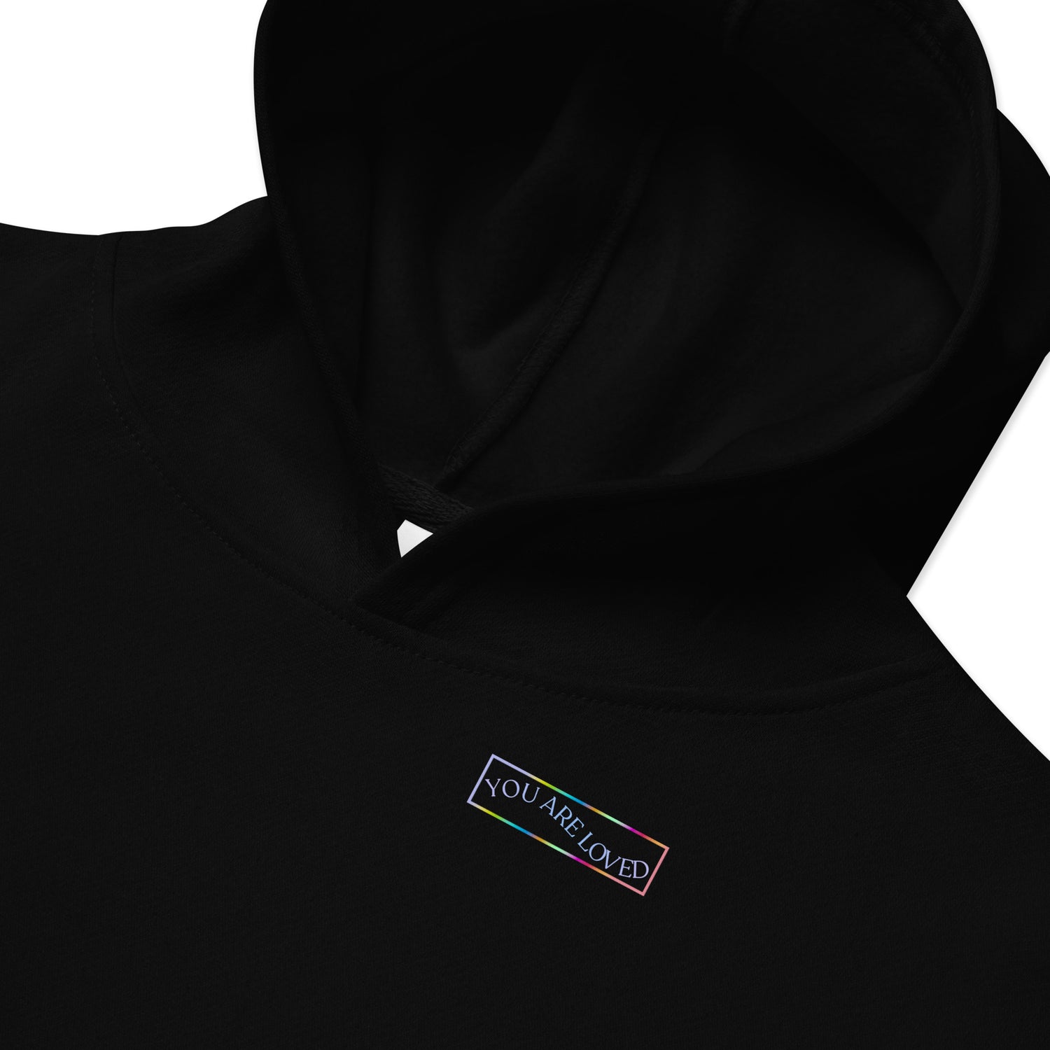 Closeup of black Kidwear Hoodie featuring "You are loved" printed.