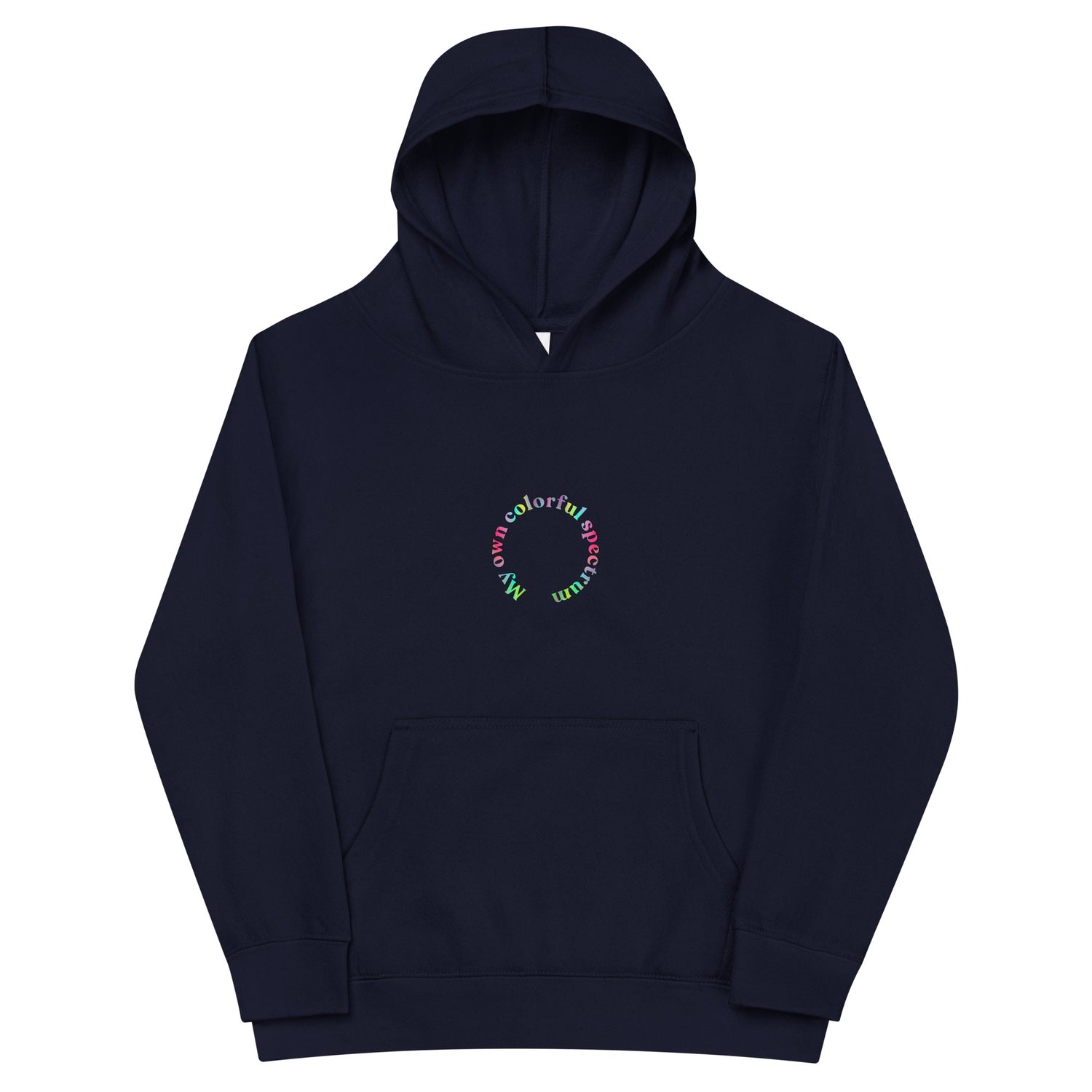 Indigo Kidswear hoodie featuring a "My own colorful spectrum" design with pockets at front.