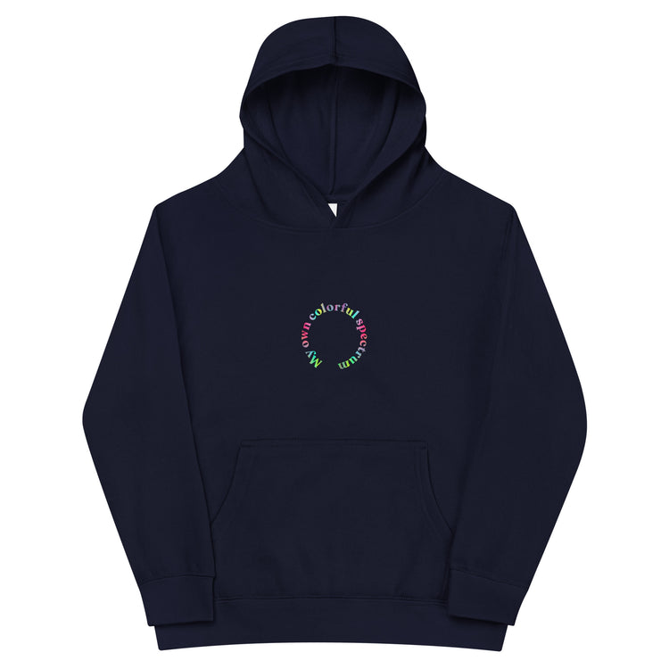 Indigo Kidswear hoodie featuring a "My own colorful spectrum" design with pockets at front.