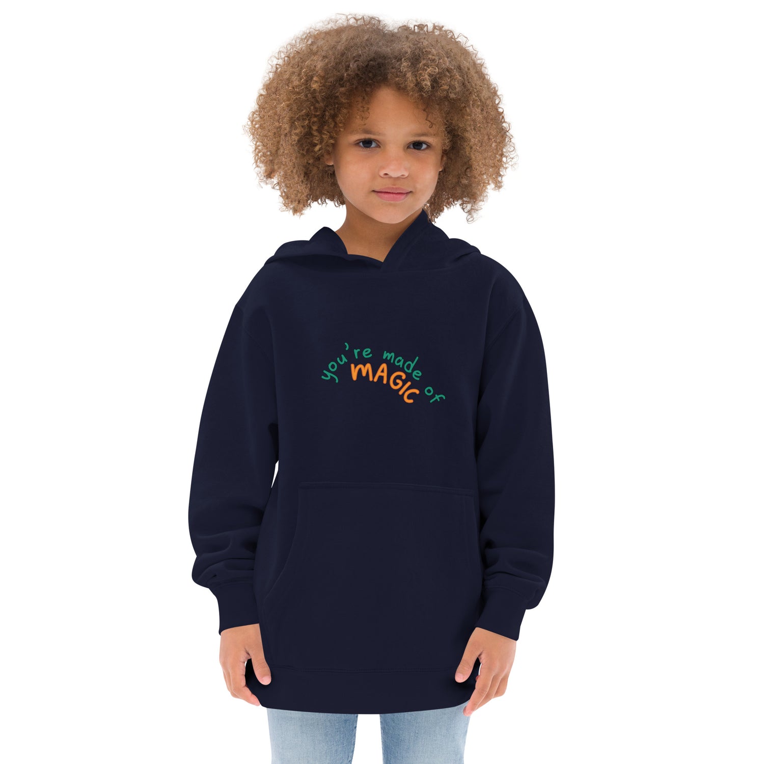 Indigo Kidswear hoodie featuring a " you're made of Magic" design with pockets at front.