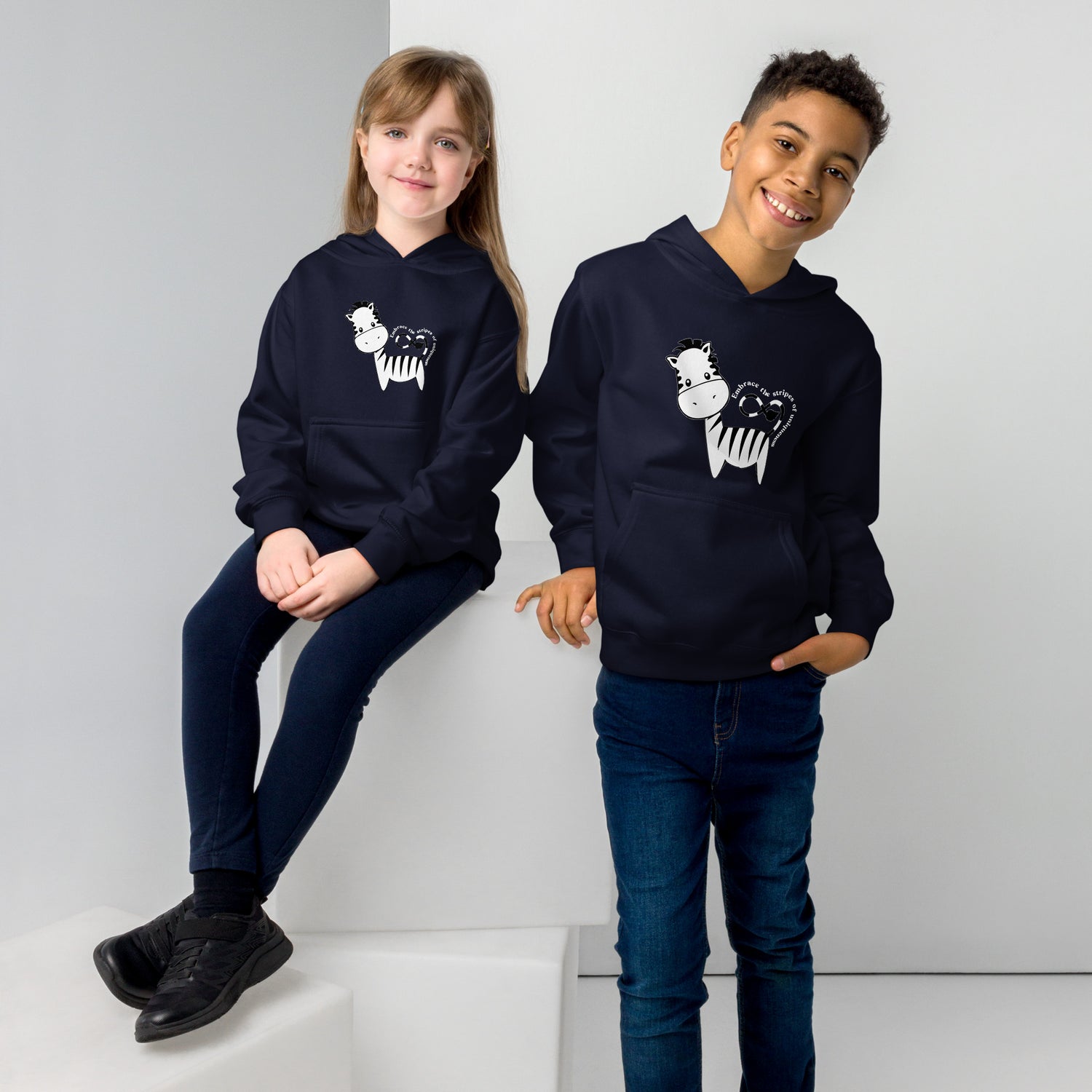 Indigo Kidswear hoodie featuring a zebra print design. 