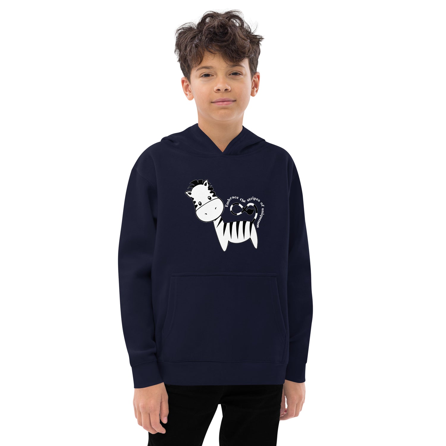 Indigo Kidswear hoodie featuring a zebra print design with pockets at front.