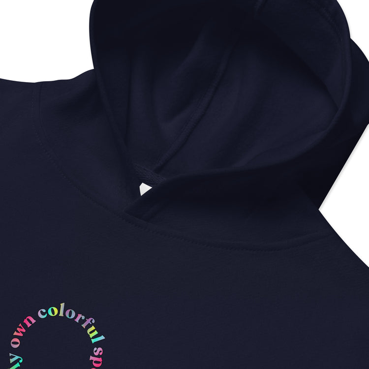 Closeup of Indigo Kidswear Hoodie featuring "My own colorful spectrum" printed.