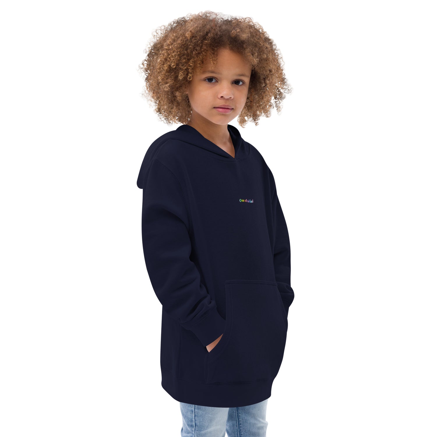 Right-front of Indigo kidswear hoodie with pockets, featuring " One of a kind" design