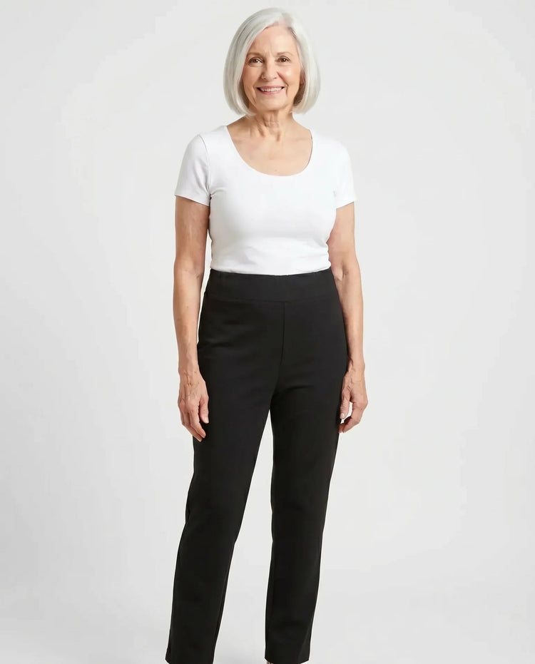 Women's Back-Panel Assisted Dressing Stretch Pants - Black | Tricotti - front on model