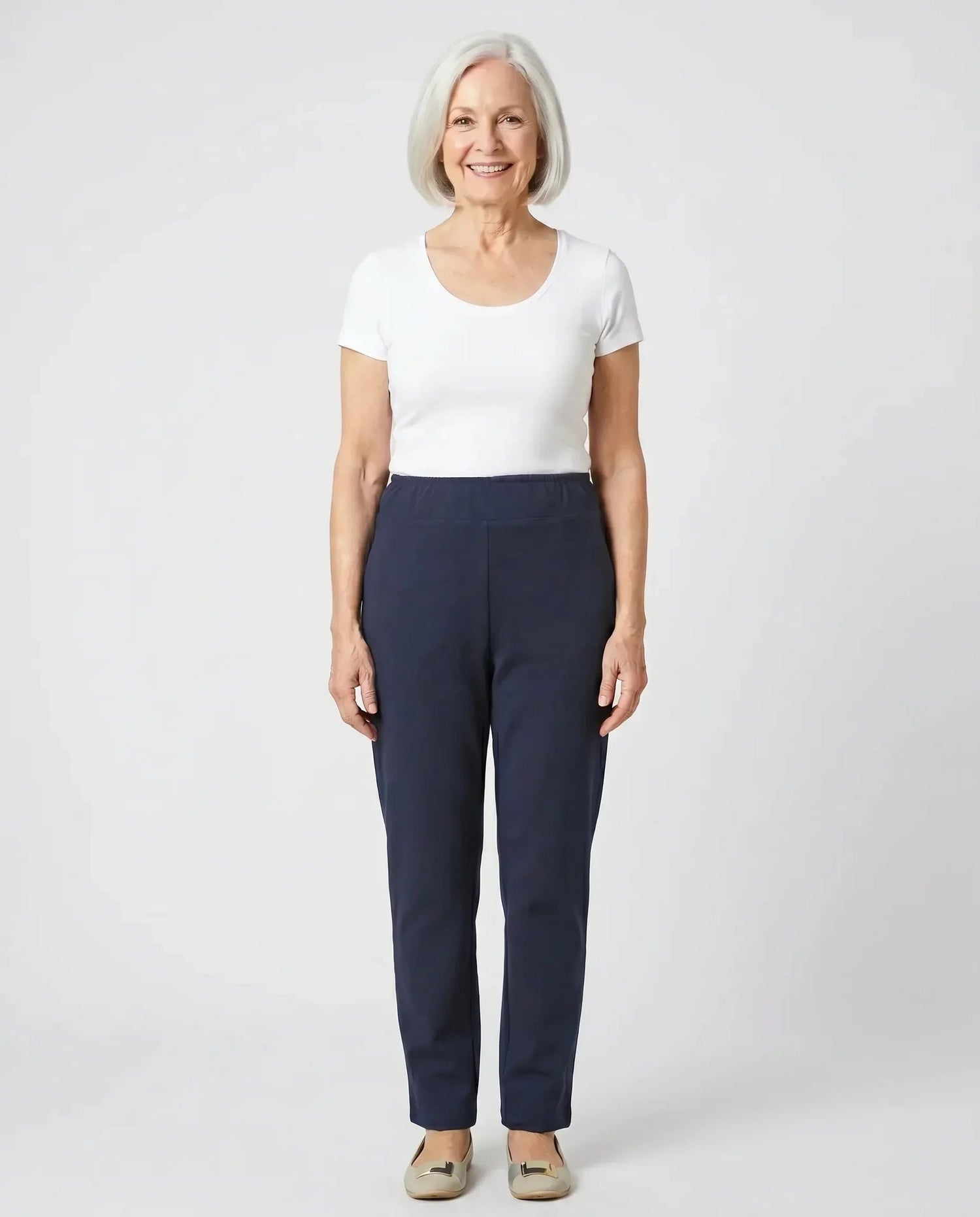Women's Back-Panel Assisted Dressing Stretch Pants - Navy | Tricotti - front on model