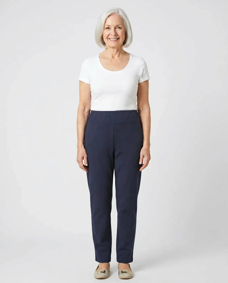 Women's Back-Panel Assisted Dressing Stretch Pants - Navy | Tricotti - front on model