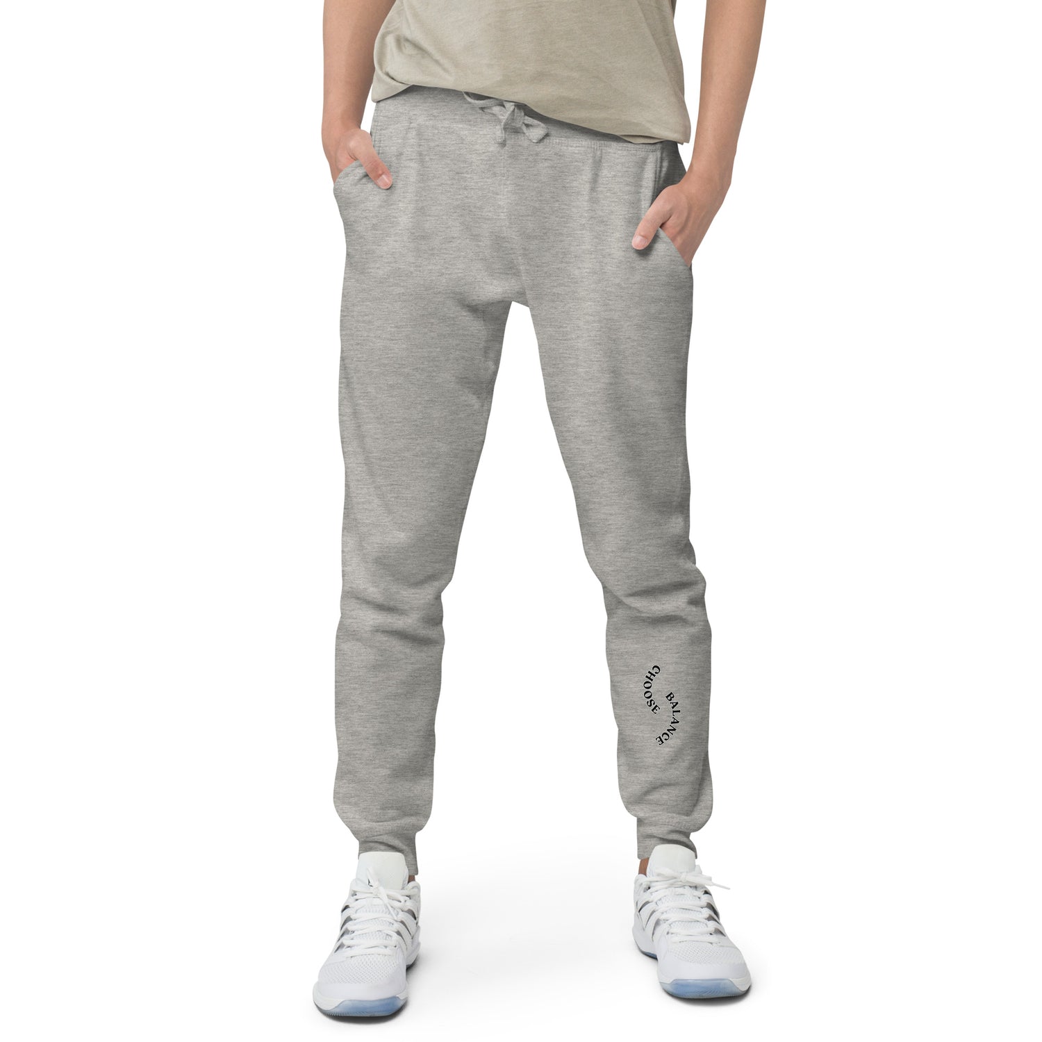 Closeup of Grey Sweat pant with "Choose Balance" printed on left lower leg.