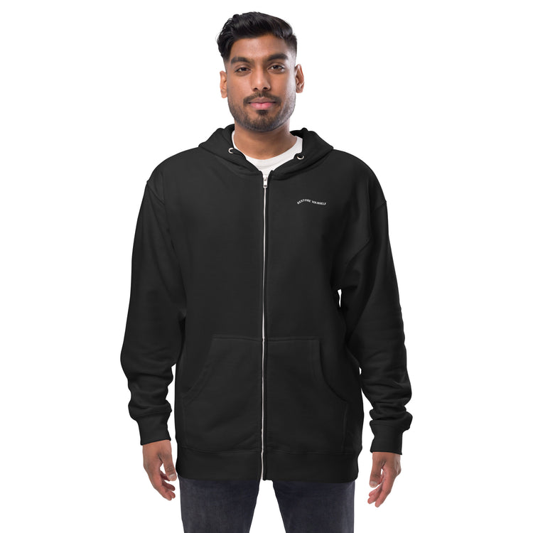 Black zip up hoodie with "RESTORE YOURSELF" design, promoting mental health .