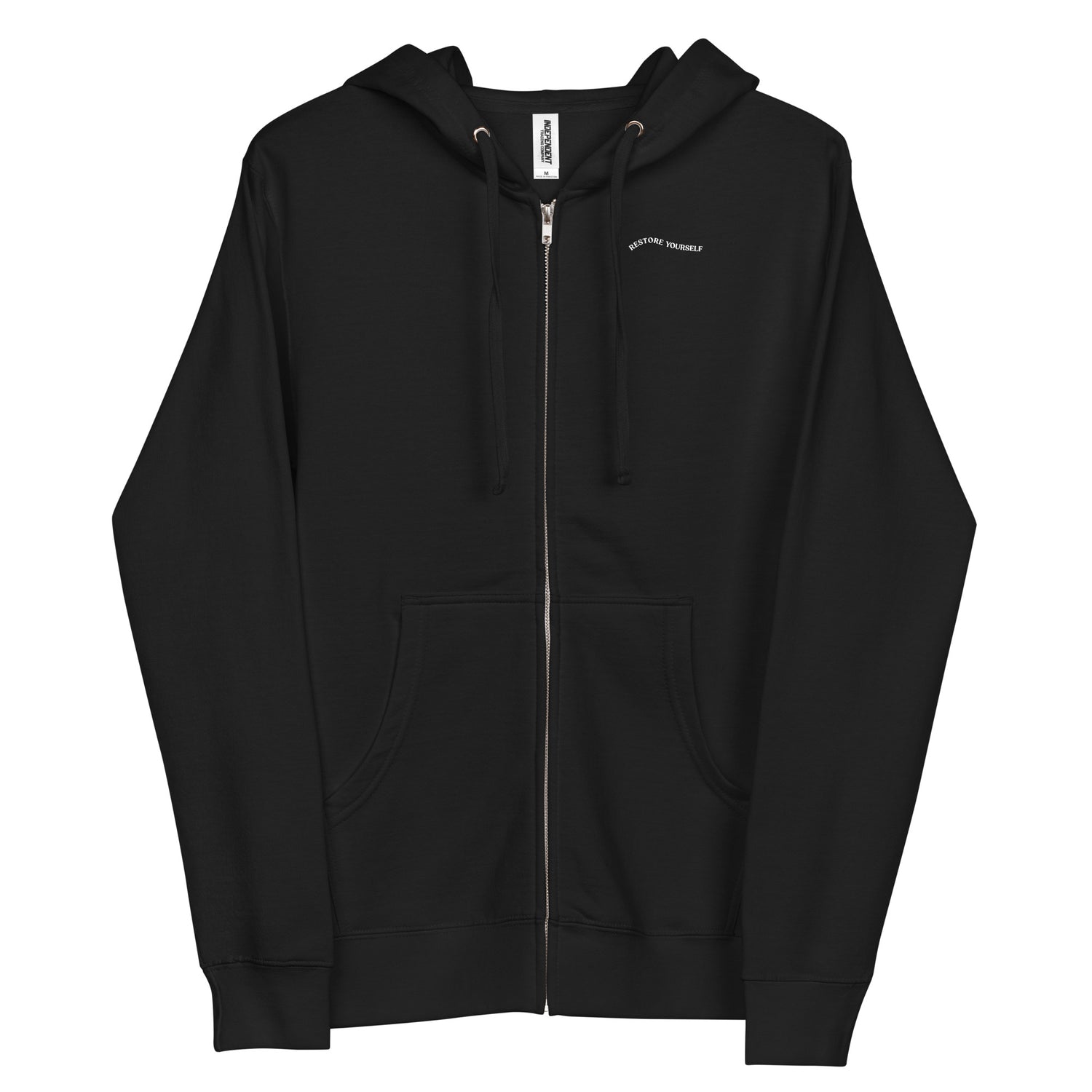 Black zip up hoodie that helps with mental health "Restore yourself".