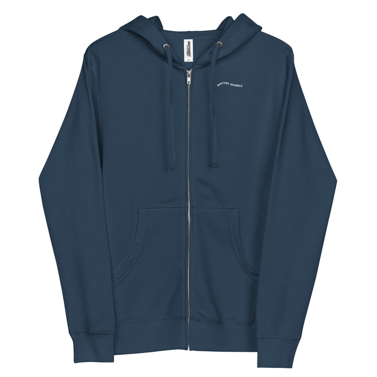 Stylish Navy zip up hoodie that helps with mental health "Restore yourself".
