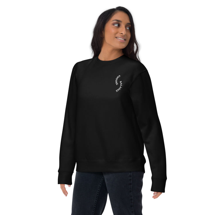 Black-front Crewneck Sweatshirt that helps maintain balance with "Choose Balance".
