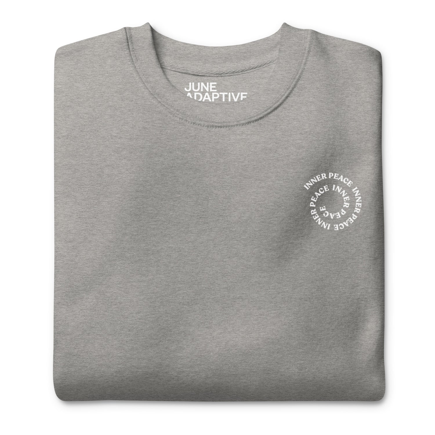  Front closeup of Grey Crewneck Sweatshirt that helps with mental health, "Inner Peace".