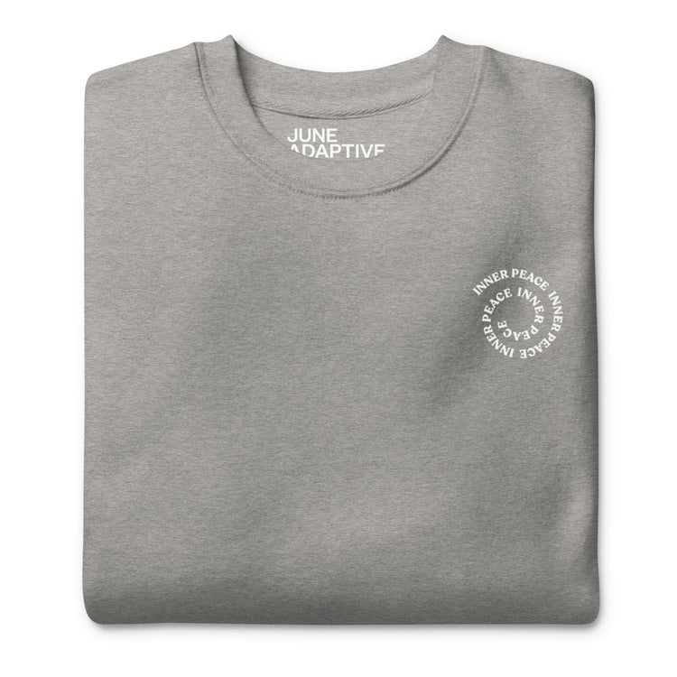  Front closeup of Grey Crewneck Sweatshirt that helps with mental health, "Inner Peace".