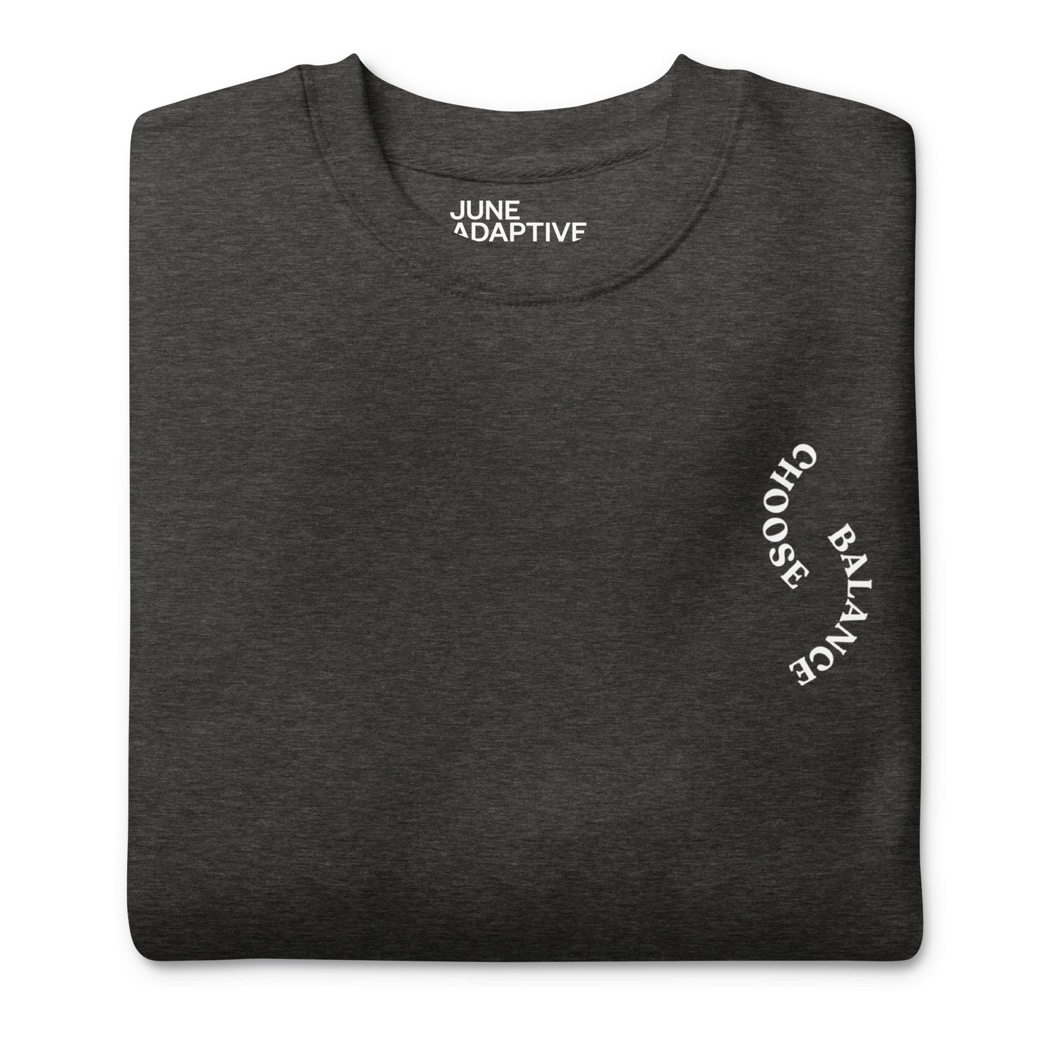 Front closeup of Charcoal Crewneck Sweatshirt, designed to support mental health, "Choose Balance".
