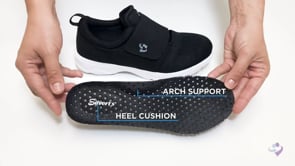 Women’s black wide walking shoes with heeled cushion, arch support, and velcro closure.
