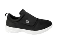 Women’s black wide walking shoes with white bottom and velcro closure for an adjustable fit.