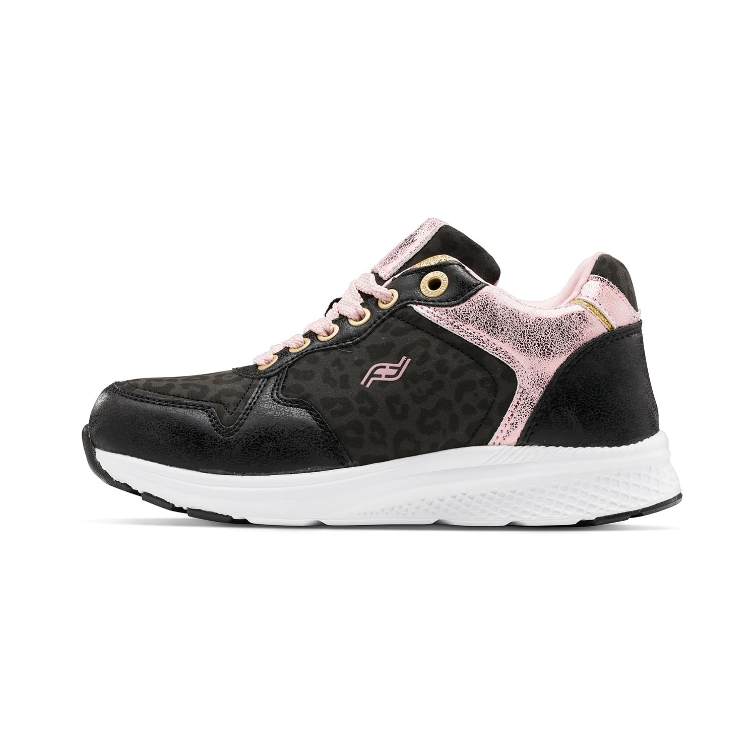 Black leopard print kids shoe with white bottom and light pink accents and rear zipper access.