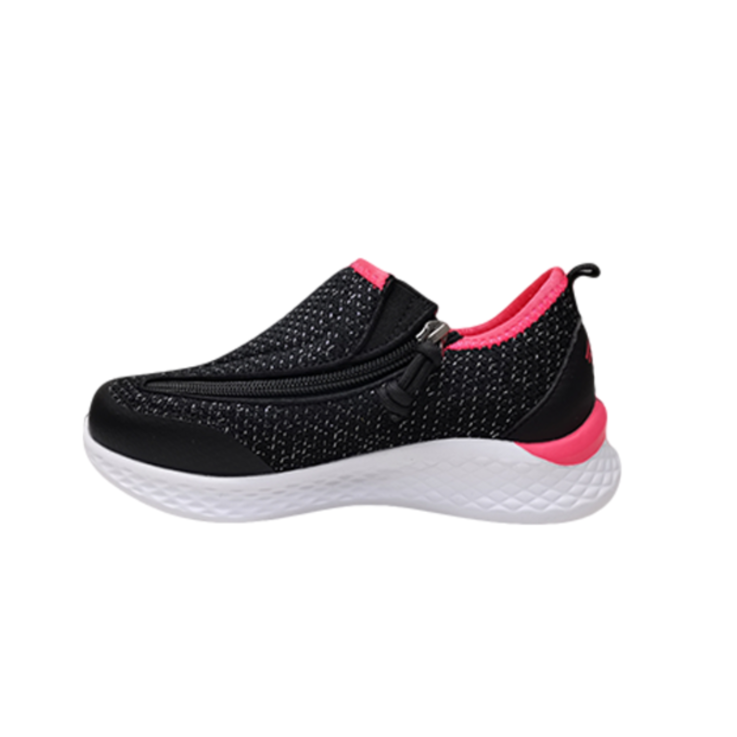 Black kids shoe with white bottom and hot pink accents and side zipper access.