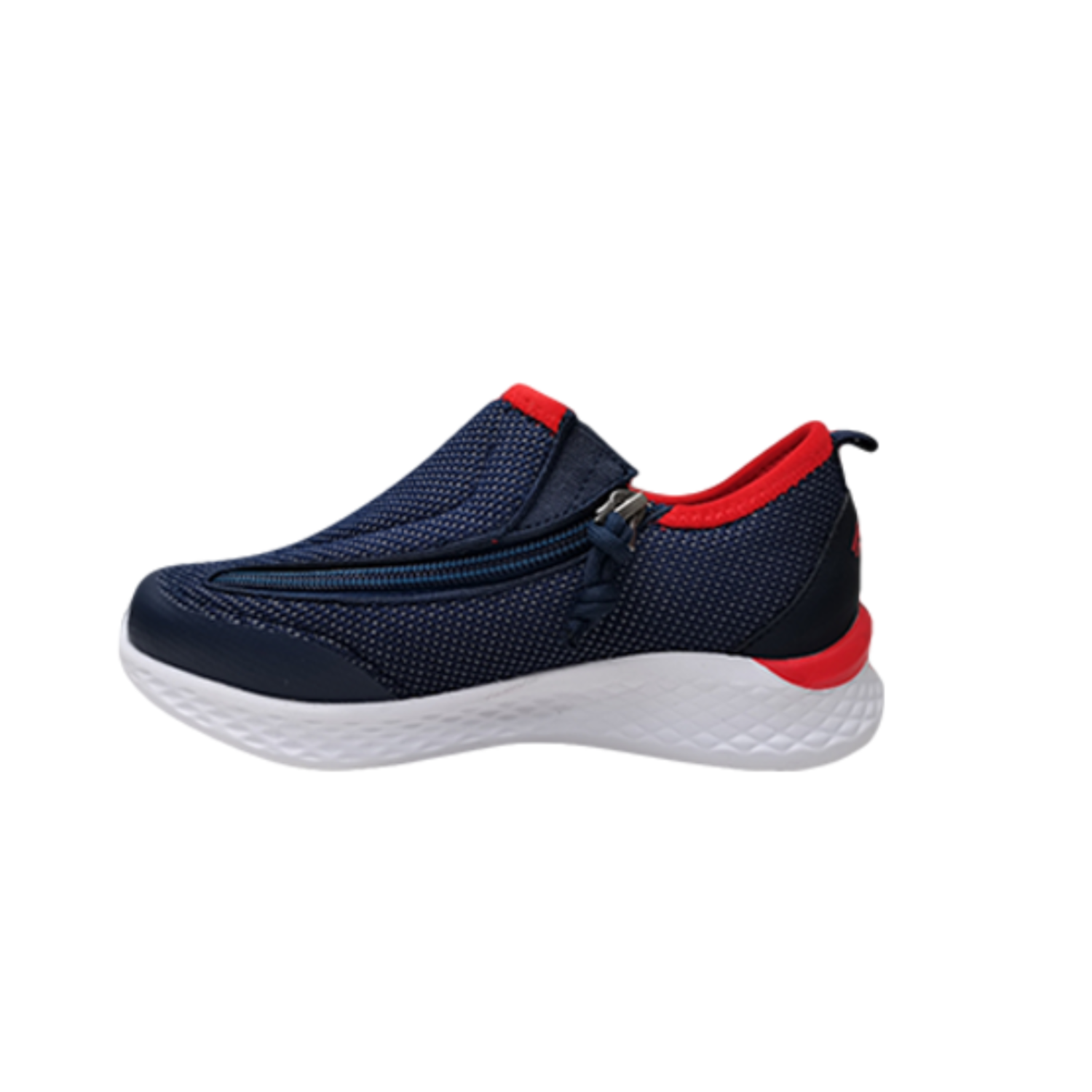 Boys navy red zippered shoes side view