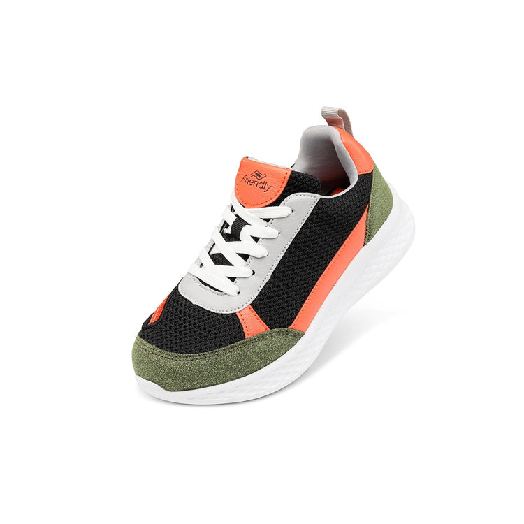 Orange, black and dark green kids shoe with white bottom and front zipper access.