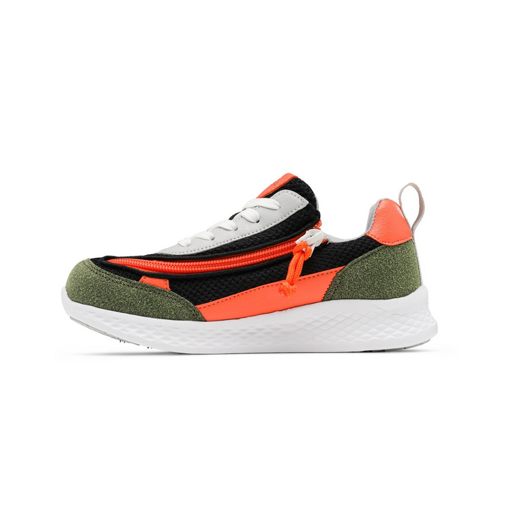 Orange, black and dark green kids shoe with white bottom and side zipper access.